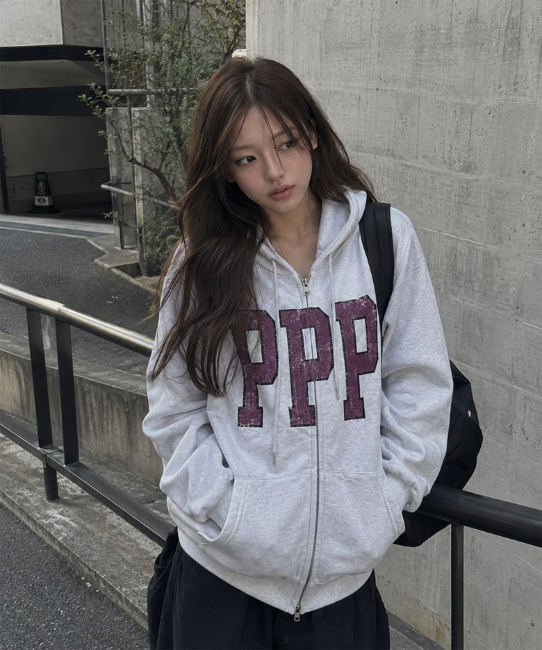 PPP CLUB 프린팅 투웨이 후드집업 화이트멜란지