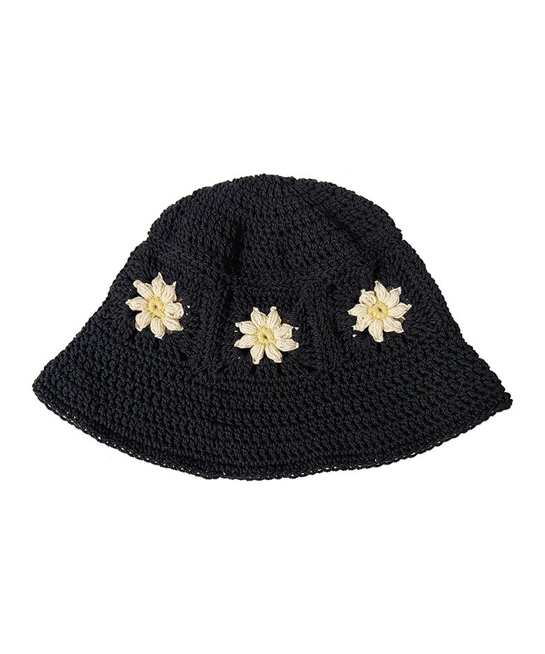 플라워 크로쉐 니트 버킷햇 - Black