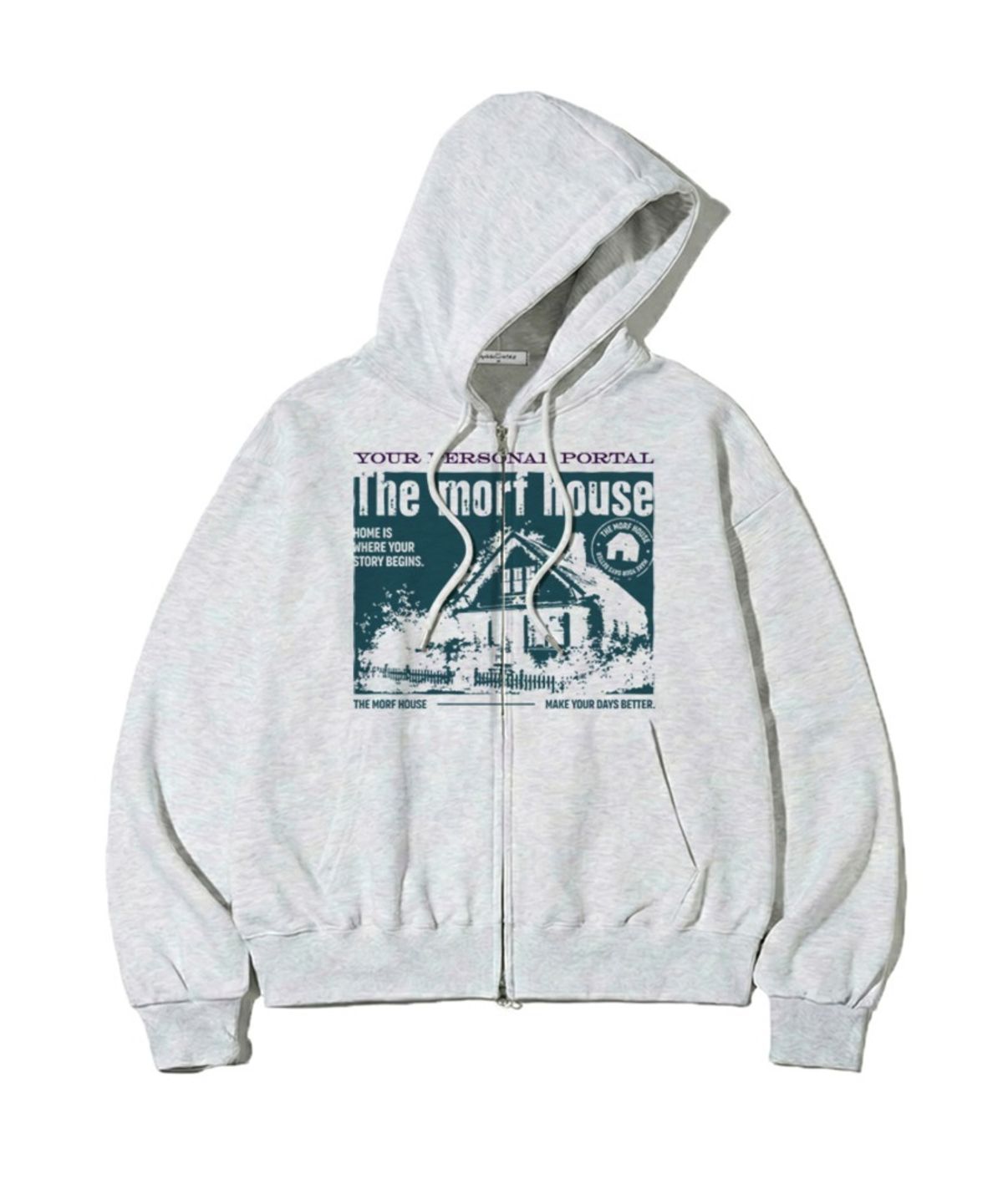 더모프하우스(THEMORFHOUSE) 유어 퍼스널 포탈 프린트 투웨이 후드집업 화이트멜란지