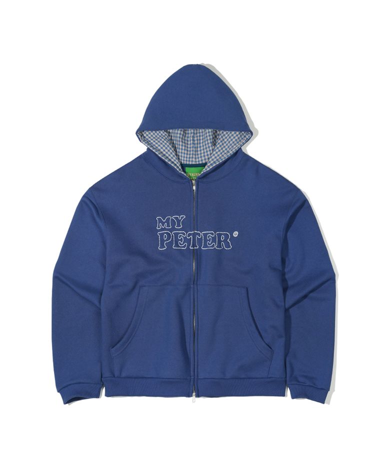 PETER LOGO CHECK ZIP HOODIE - WASHED NAVY