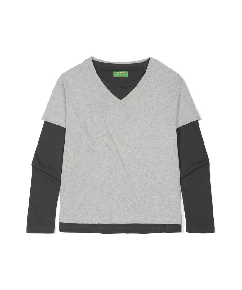 LAYERED V-NECK LONG SLEEVE T-SHIRT - GRAY