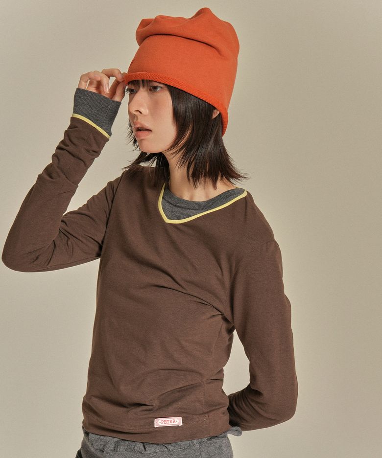 (W) TIPPED V-NECK LONG SLEEVE T-SHIRT - BROWN