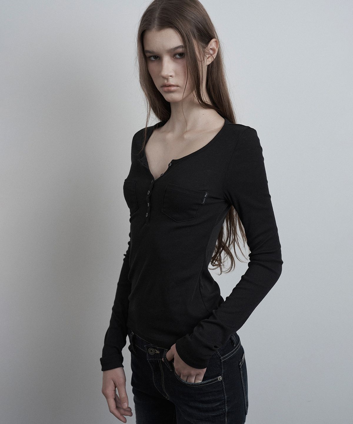 이네기(INEGI) Double Pocket Button Long Sleeve (black)