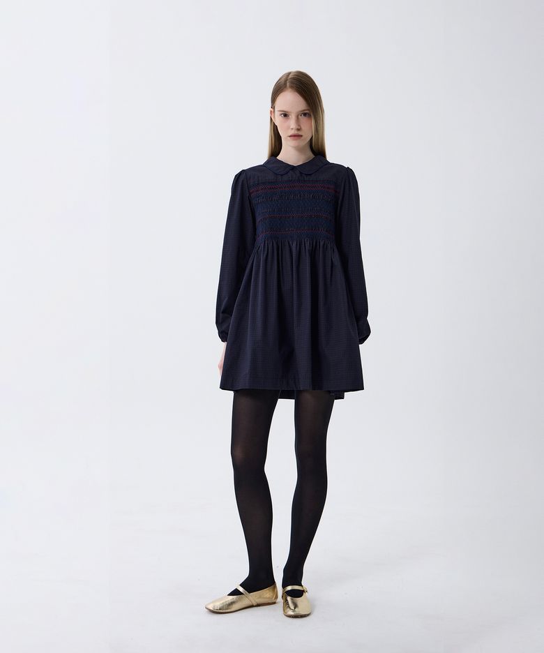 SMOCKED COLLAR MINI DRESS (NAVY)
