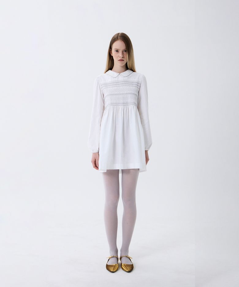 SMOCKED COLLAR MINI DRESS (WHITE)