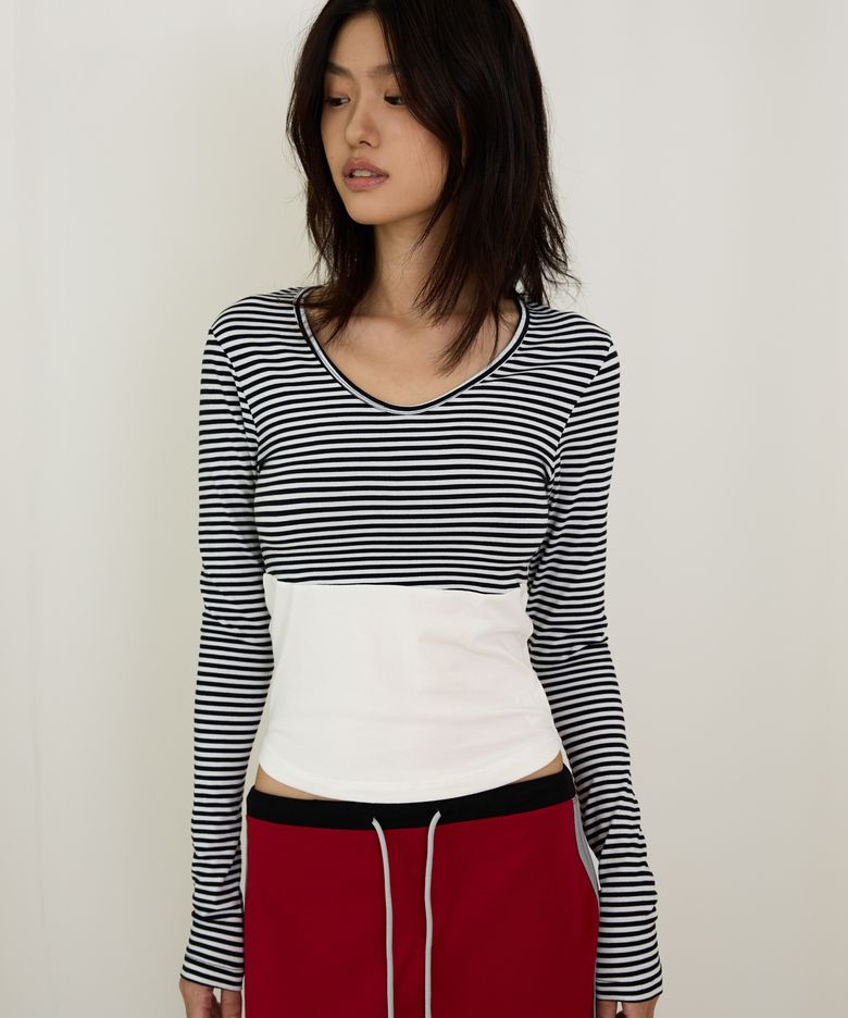 Uneck Stripe Colorblock Longsleeve Tee