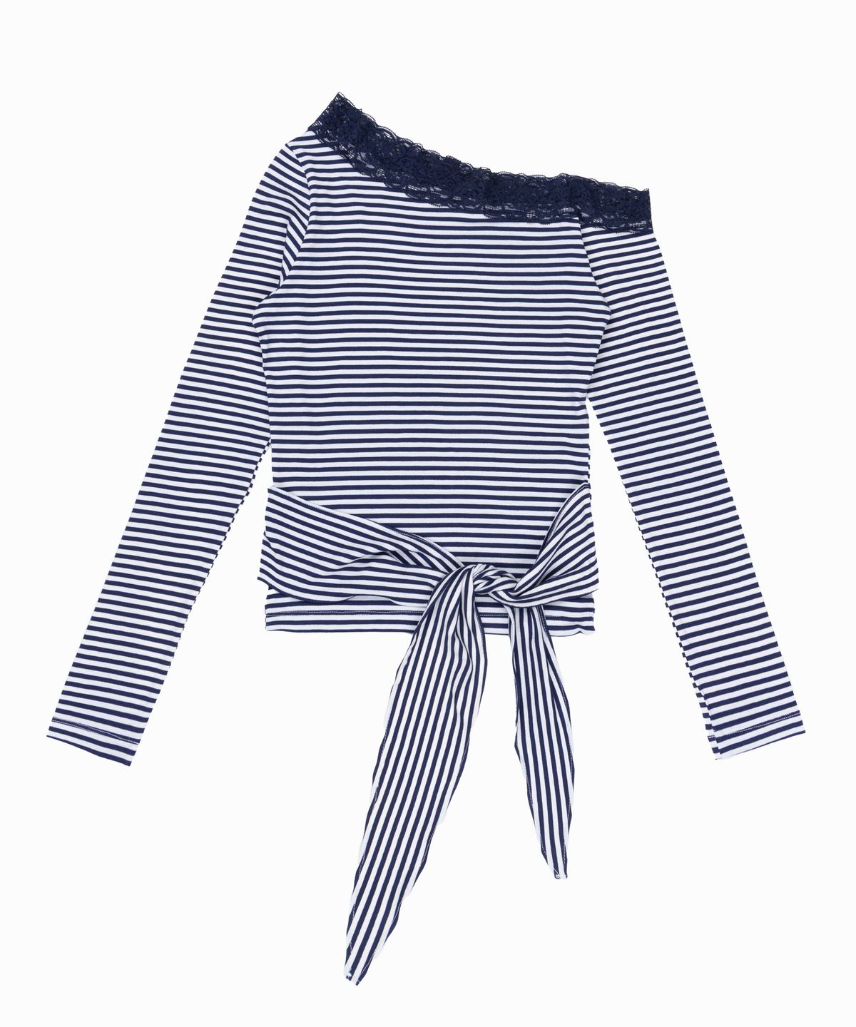 라이라이(LYELYE) Lace Off-shoulder Tie Top [Navy Stripe]