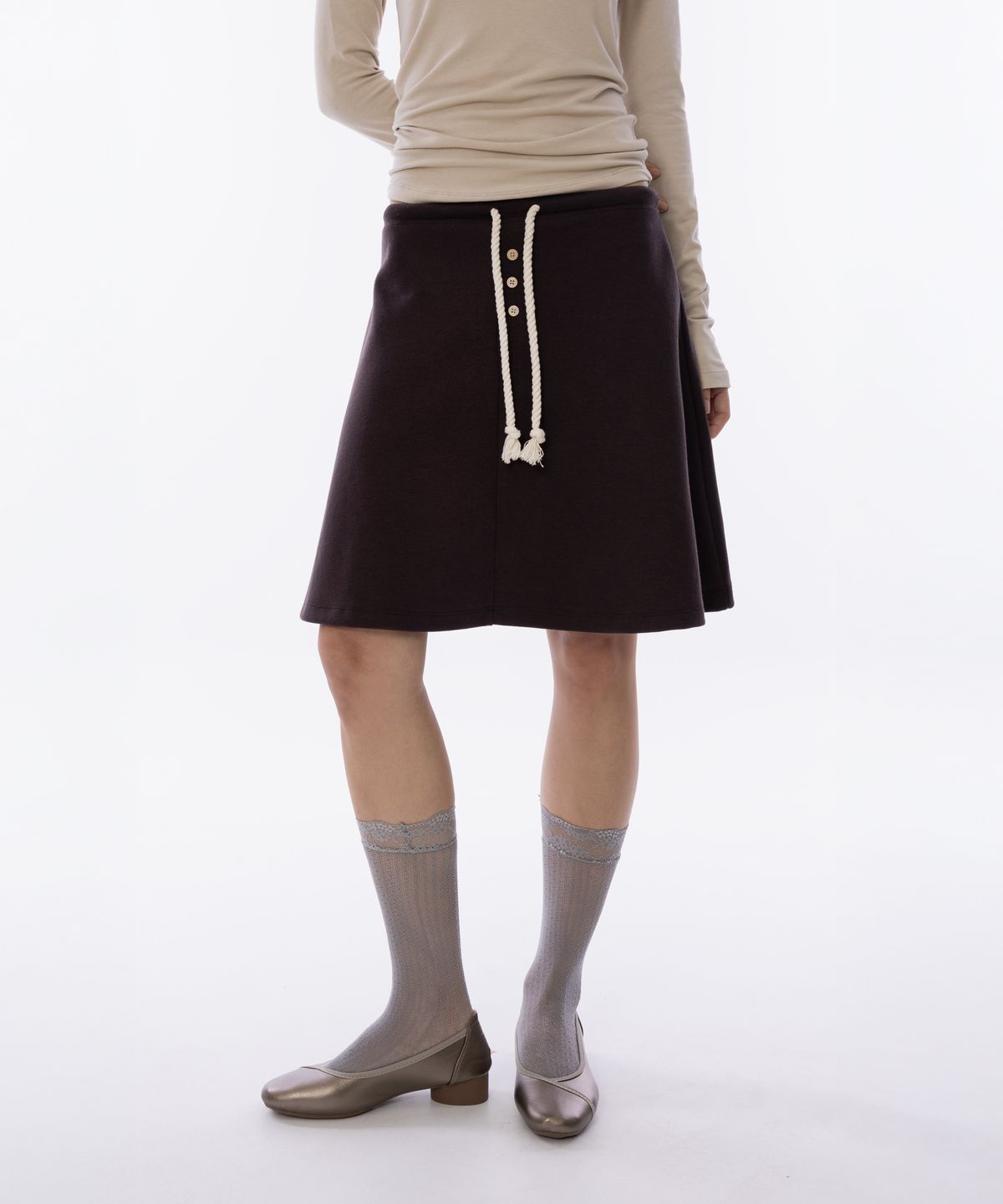 라이라이(LYELYE) Rope-tie Midi Flare Skirt [Brown]