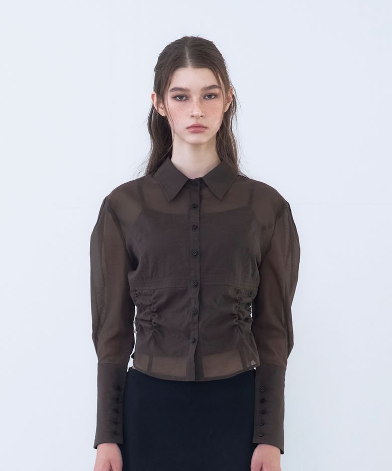 Sheer shirring Long sleeve Button Blouse [Brown]
