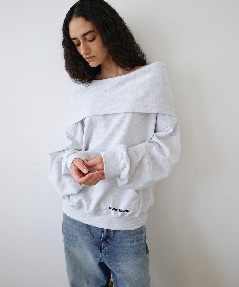 Signature Logo Asymmetric Off-Shoulder Hoodie_Light Melange