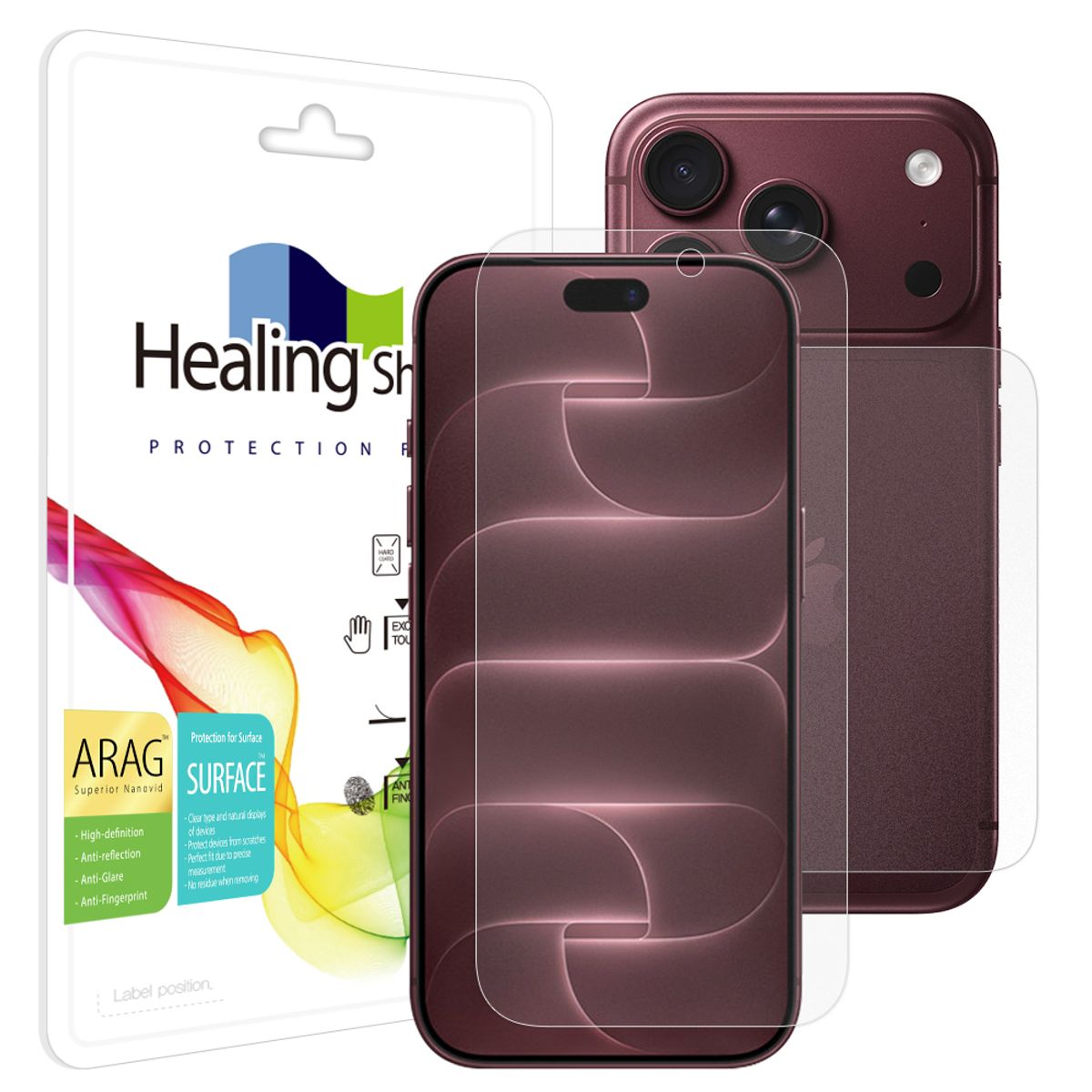 힐링쉴드(HEALINGSHIELD) 아이폰18 프로 ARAG 고화질 저반사 액정보호필름 1매 후면1매