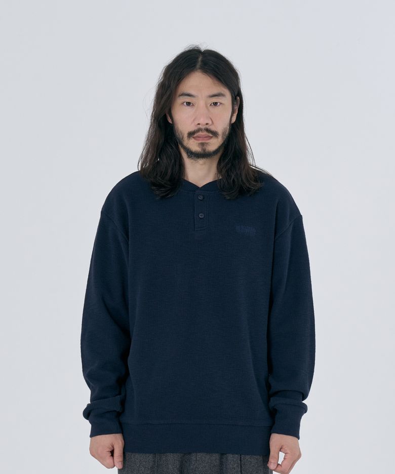 SLUB WAFFLE HENLEY NECK SWEATSHIRTS NAVY