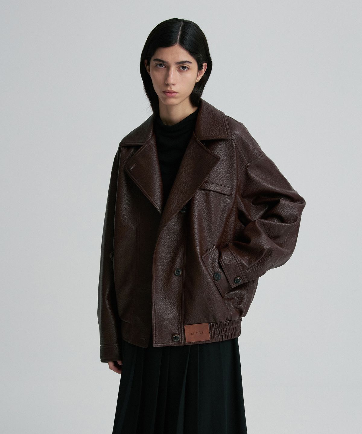 리이(RE RHEE) OVERSIZED LEATHER BOMBER JACKET BURGUNDY
