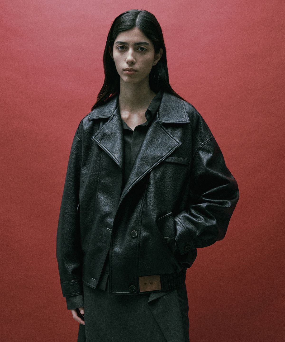 리이(RE RHEE) OVERSIZED LEATHER BOMBER JACKET BLACK