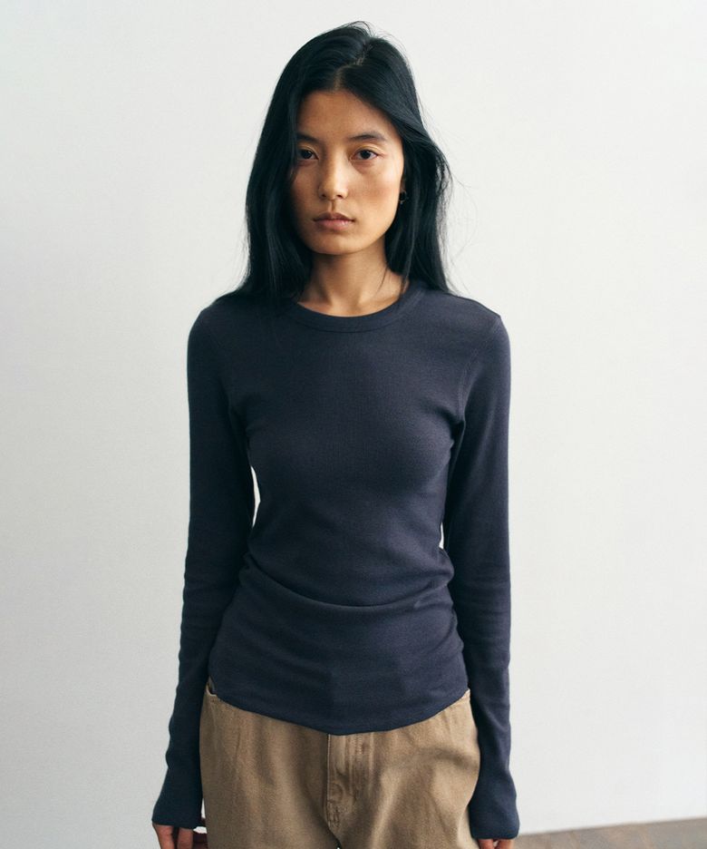 Cozy Sleeve Button Tee_Charcoal Navy