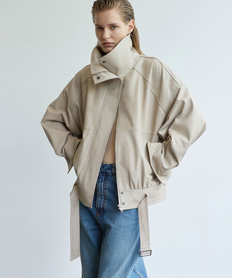 High-Neck Belted Leather Blouson_Cream