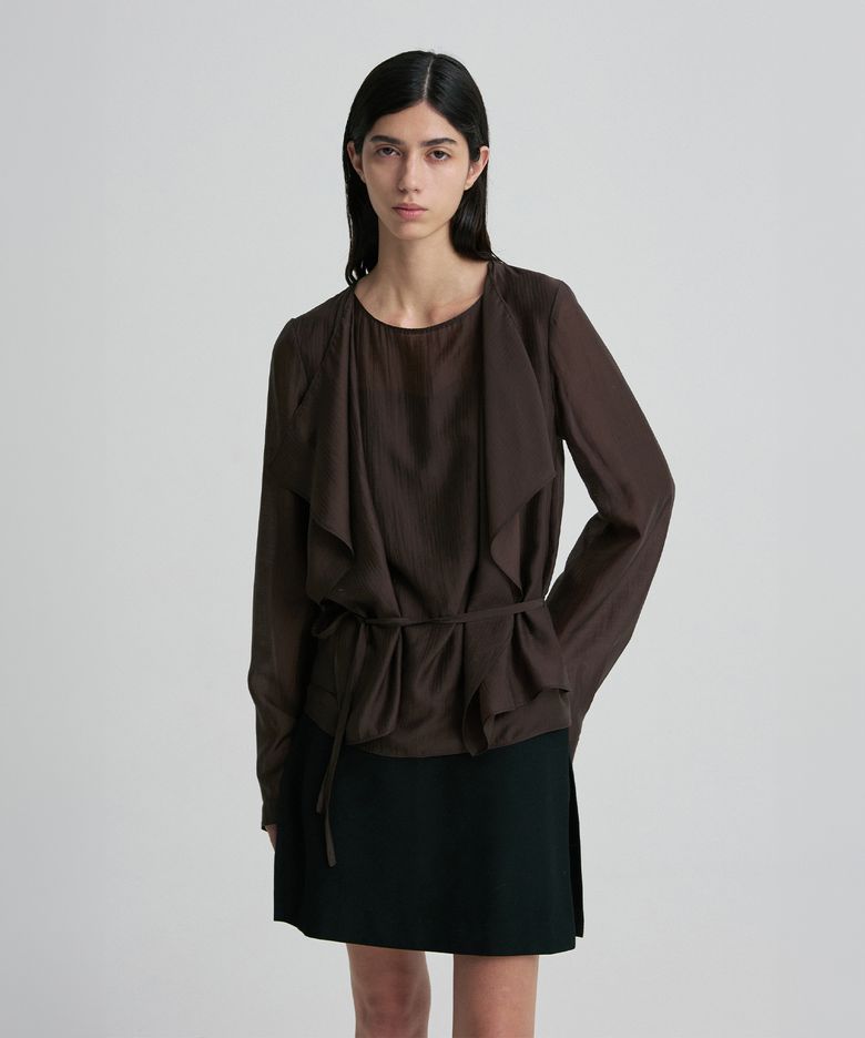 TIE-DETAIL GATHERED-WAIST BLOUSE TRUFFLE