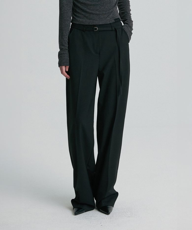 WOOL BLEND BELTED TROUSERS BLACK
