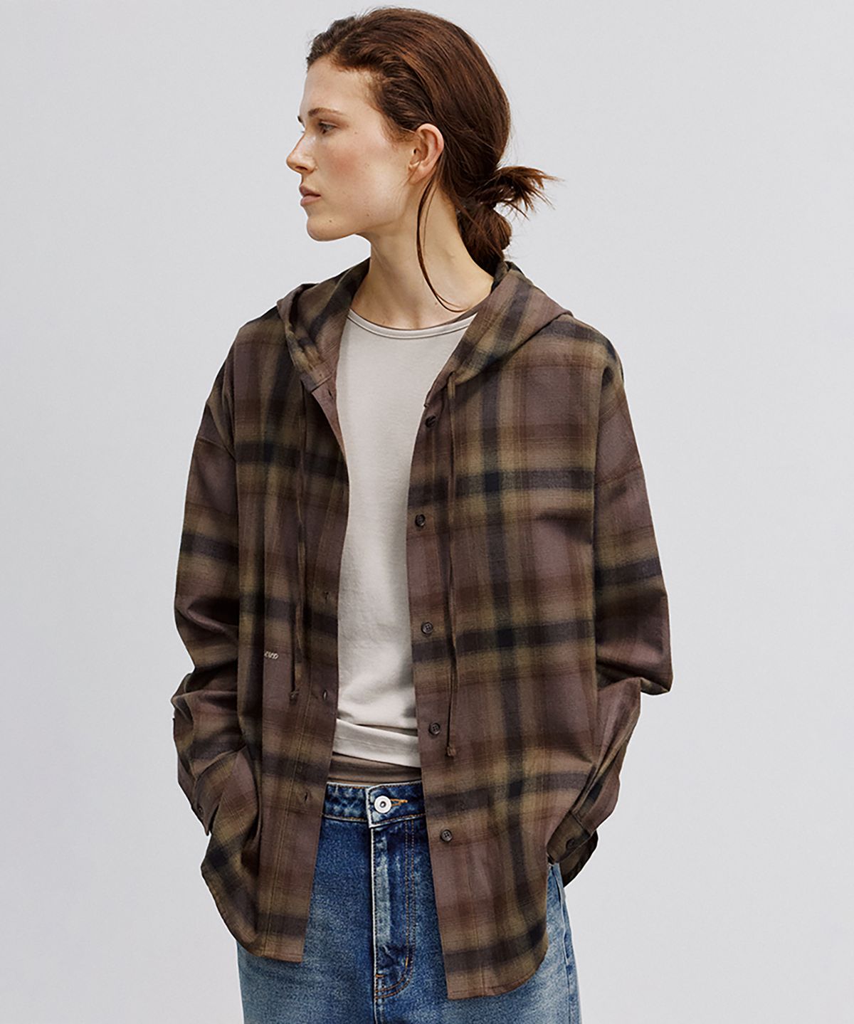 노우드(NOEUD) SH008 Blur Check Hooded Shirt (Brown)