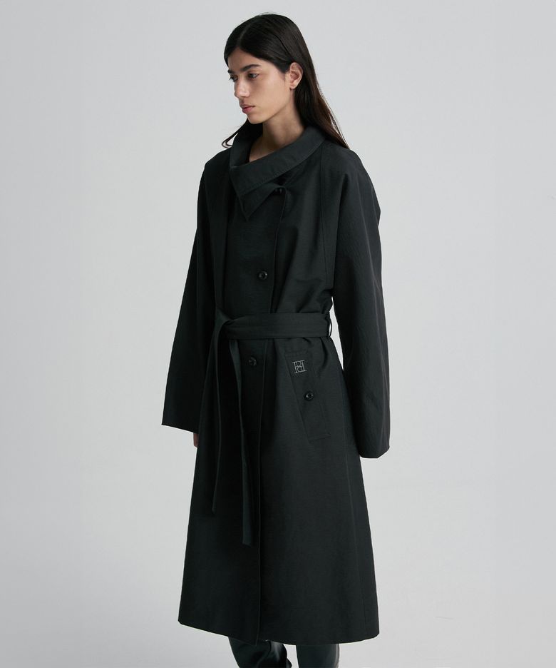 FUNNEL NECK BELTED TRENCH COAT BLACK