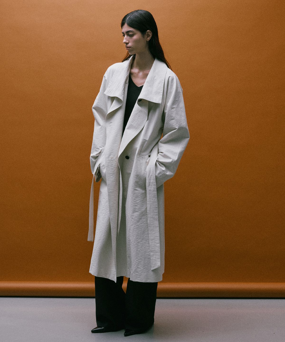 리이(RE RHEE) FUNNEL NECK BELTED TRENCH COAT VANILLA