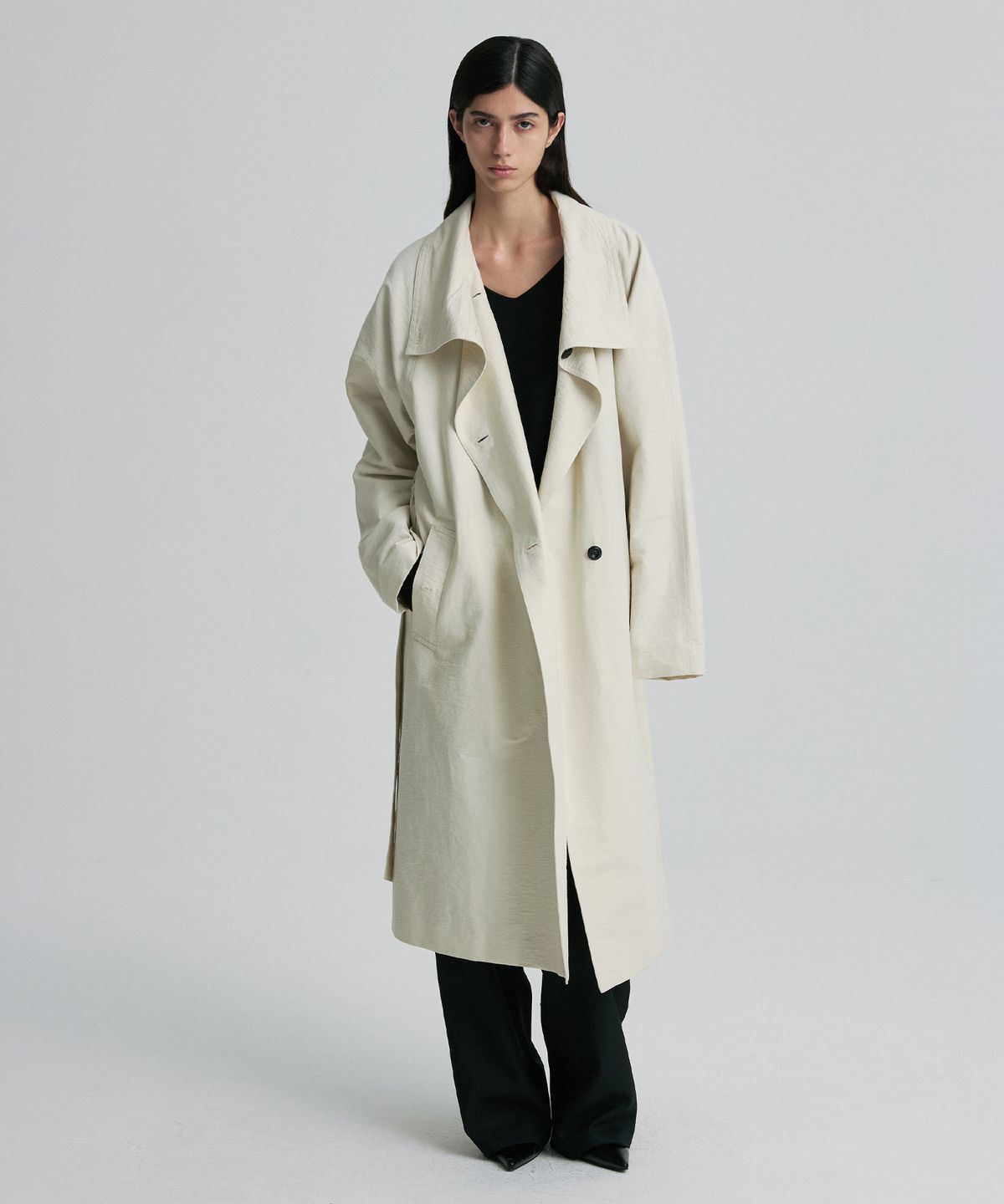 리이(RE RHEE) FUNNEL NECK BELTED TRENCH COAT VANILLA