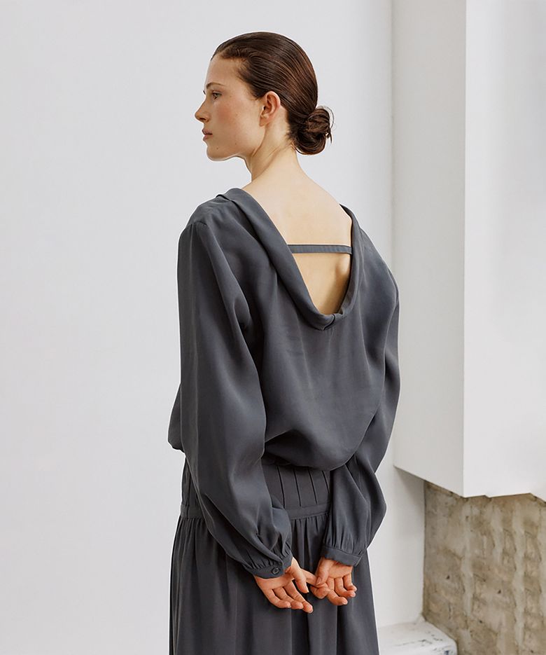 BL010 Muted Open-Back Blouse (Dark Grey)