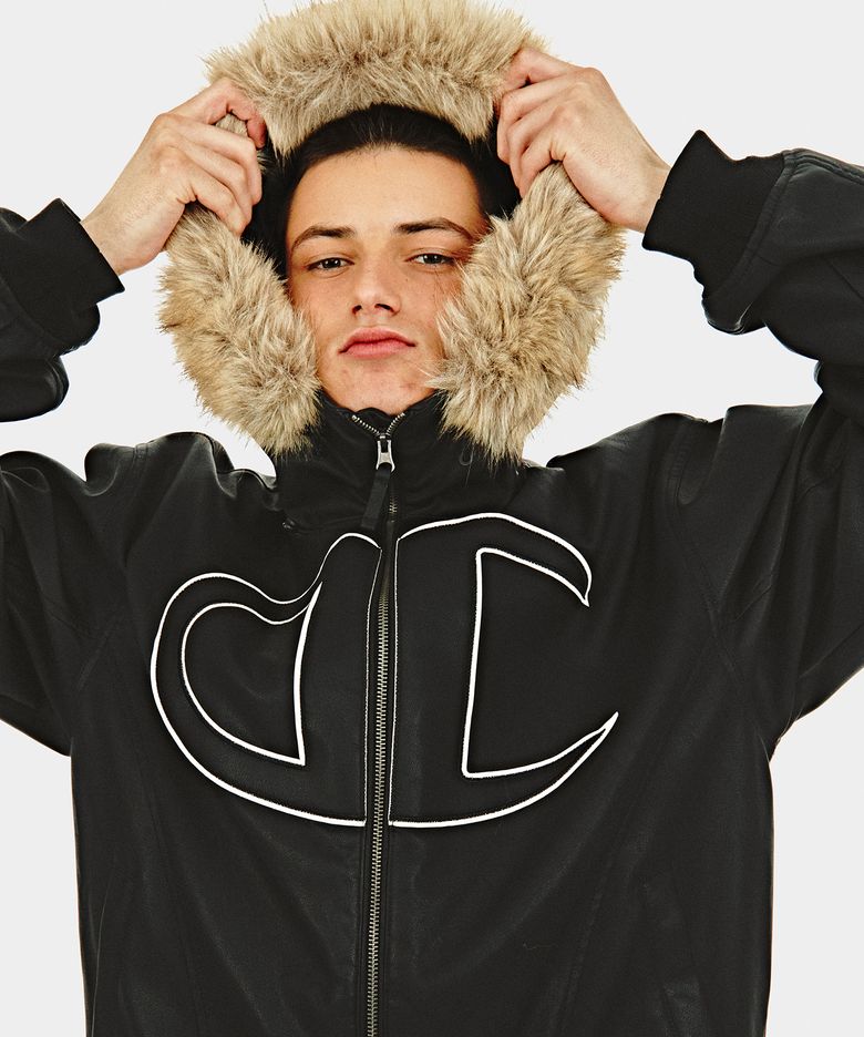 [CHAMPION x DIMITO] GIANT C-LOGO BOMBER JACKET FAUX LEATHER BLACK