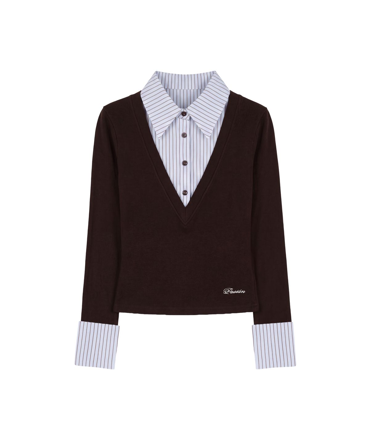 파시온(PASION) 클로딘 카라 레이어드 니트 셔츠_브라운 Claudine Collar Layered Knit Shirt_Brown
