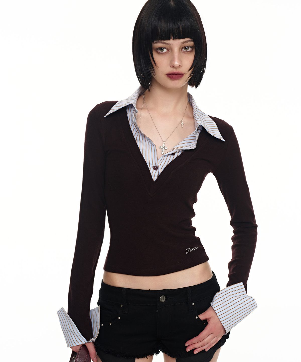 파시온(PASION) 클로딘 카라 레이어드 니트 셔츠_브라운 Claudine Collar Layered Knit Shirt_Brown