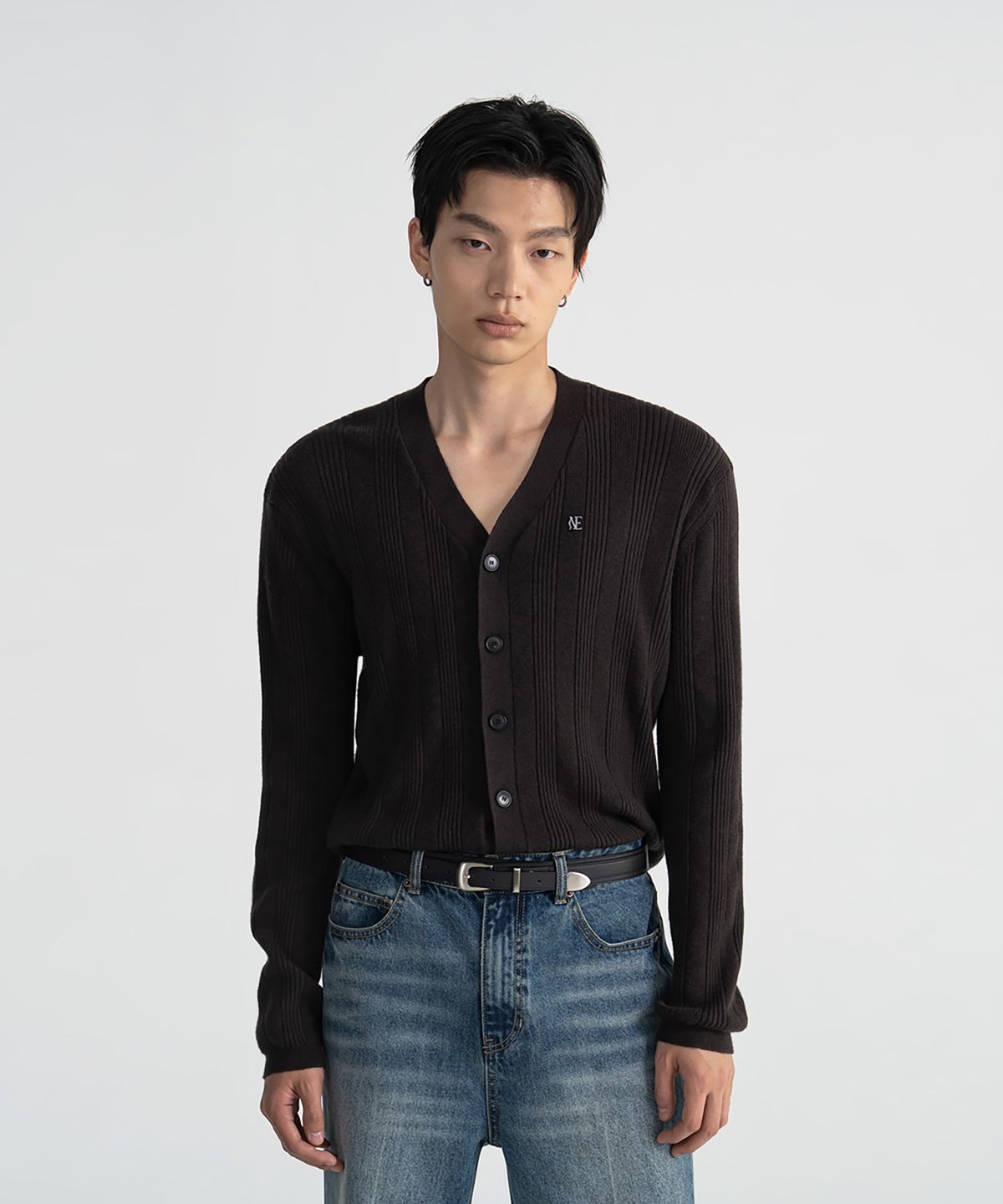 노이스(NOICE) (UNI) MERINO WOOL RIBBED CARDIGAN - BROWN