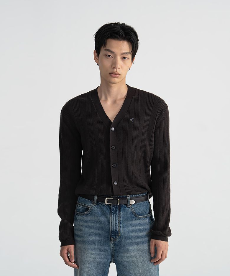 (UNI) MERINO WOOL RIBBED CARDIGAN - BROWN