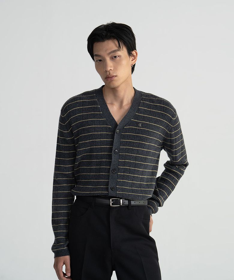 (UNI) MERINO WOOL RIBBED CARDIGAN - CHARCOAL