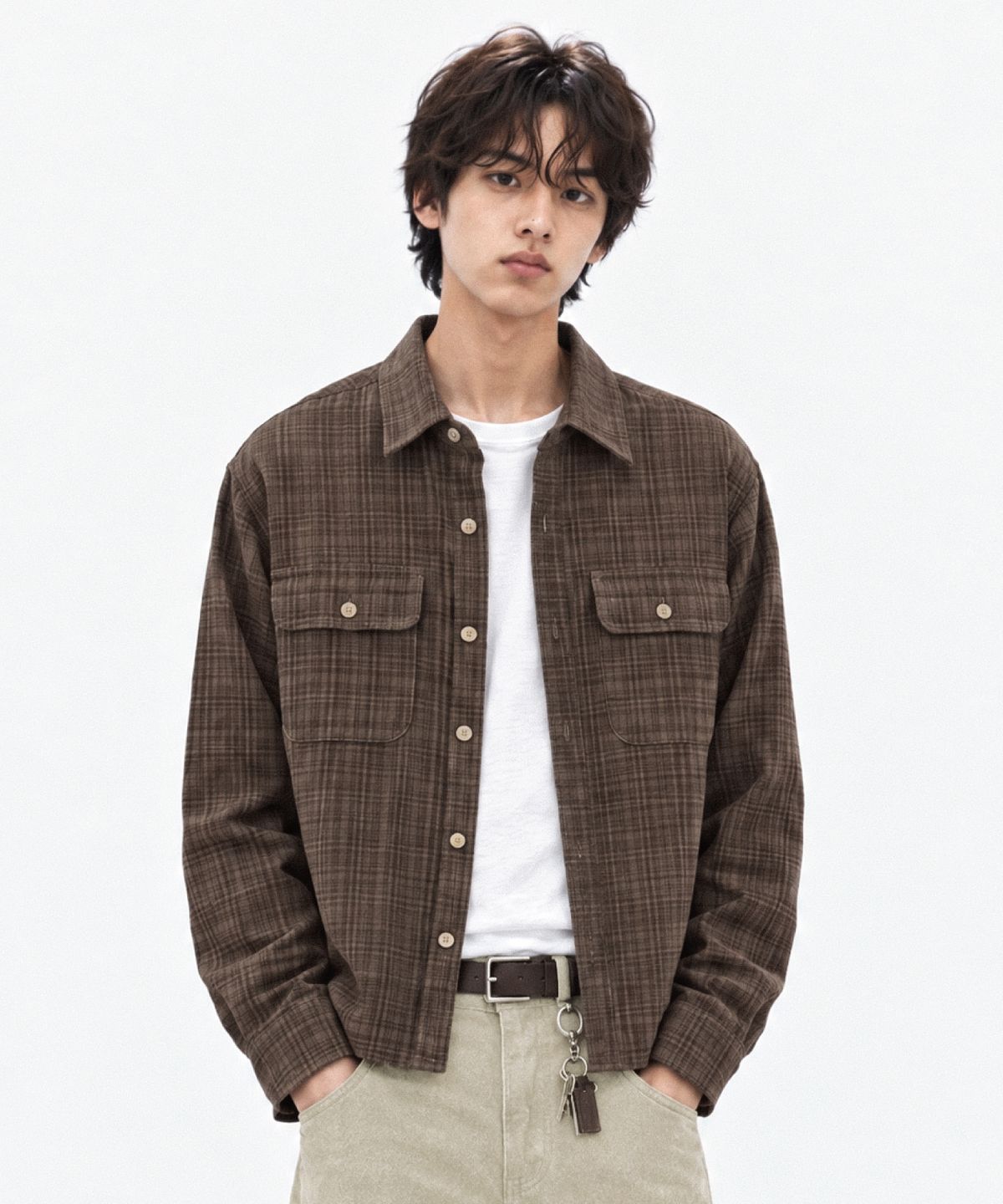 라우디(ROWDY) 쉐도우 체크 투포켓 크롭셔츠_더스티브라운