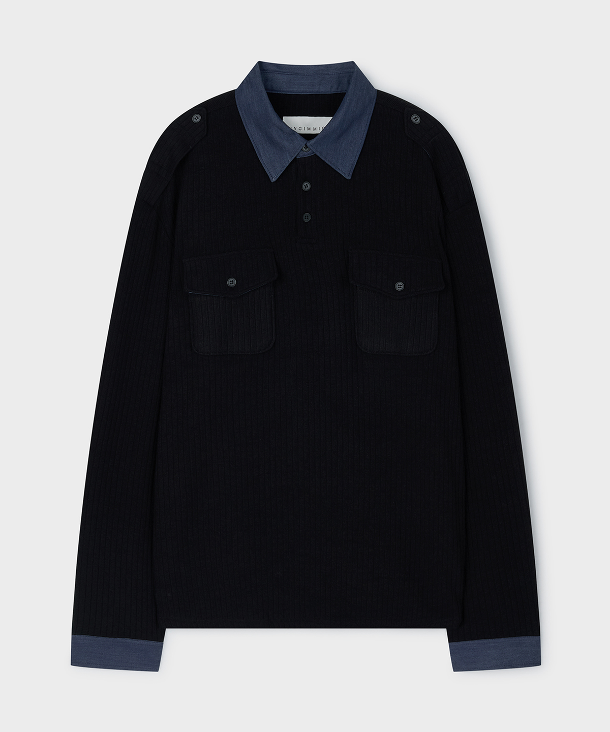 언지미크(UNGIMMICK) DENIM TRIM RIB POLO SHIRT (BLACK)