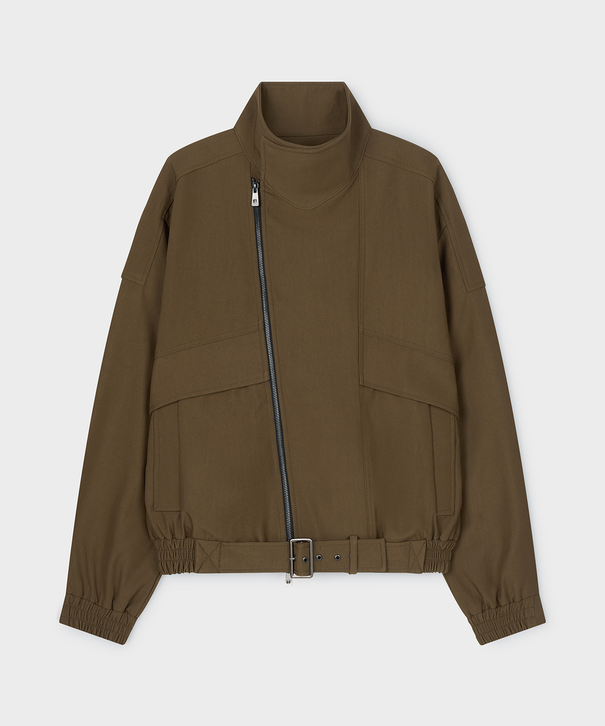 언지미크(UNGIMMICK) ASYMMETRIC BELTED JACKET (BROWN)