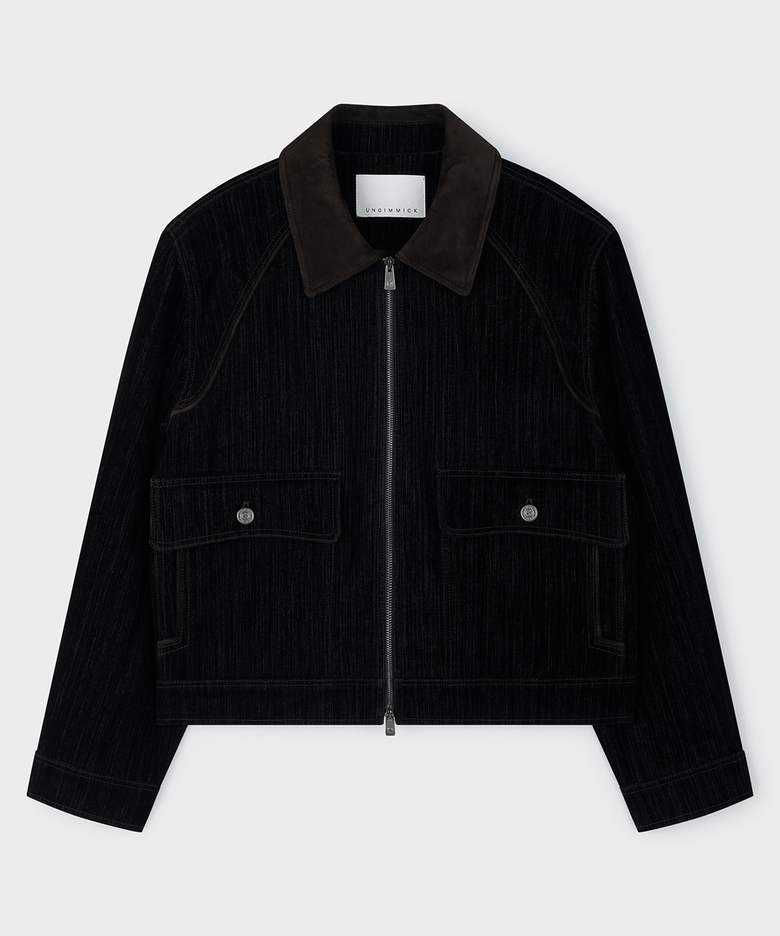 VELVET DENIM CROPPED JACKET (BLACK)
