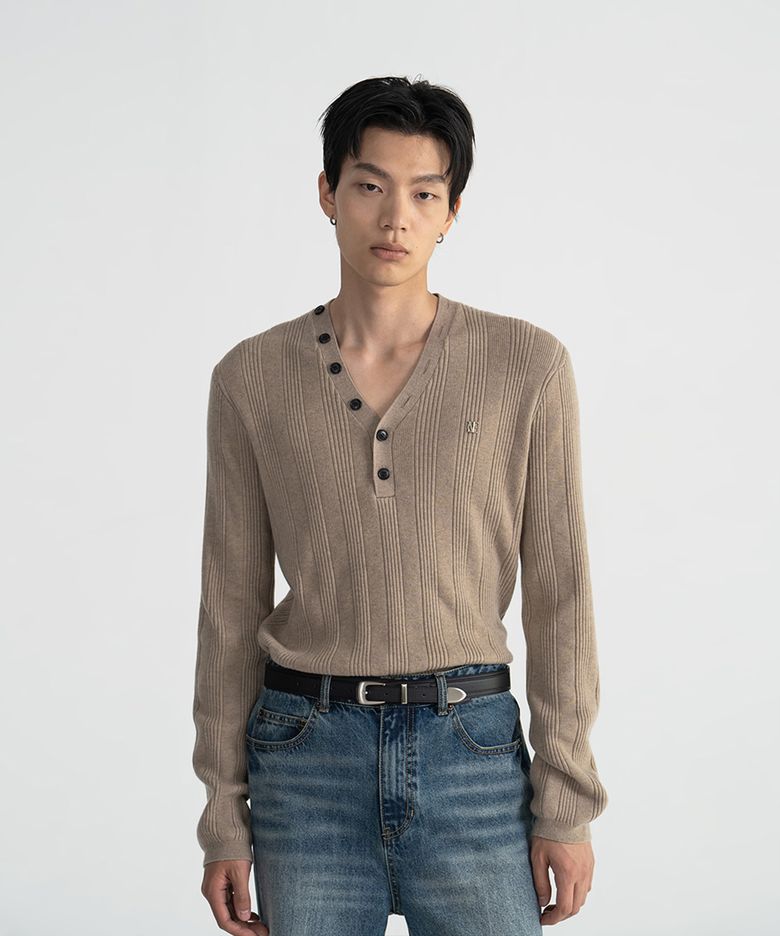 (UNI) MERINO WOOL V-NECK RIBBED KNIT TOP - BEIGE