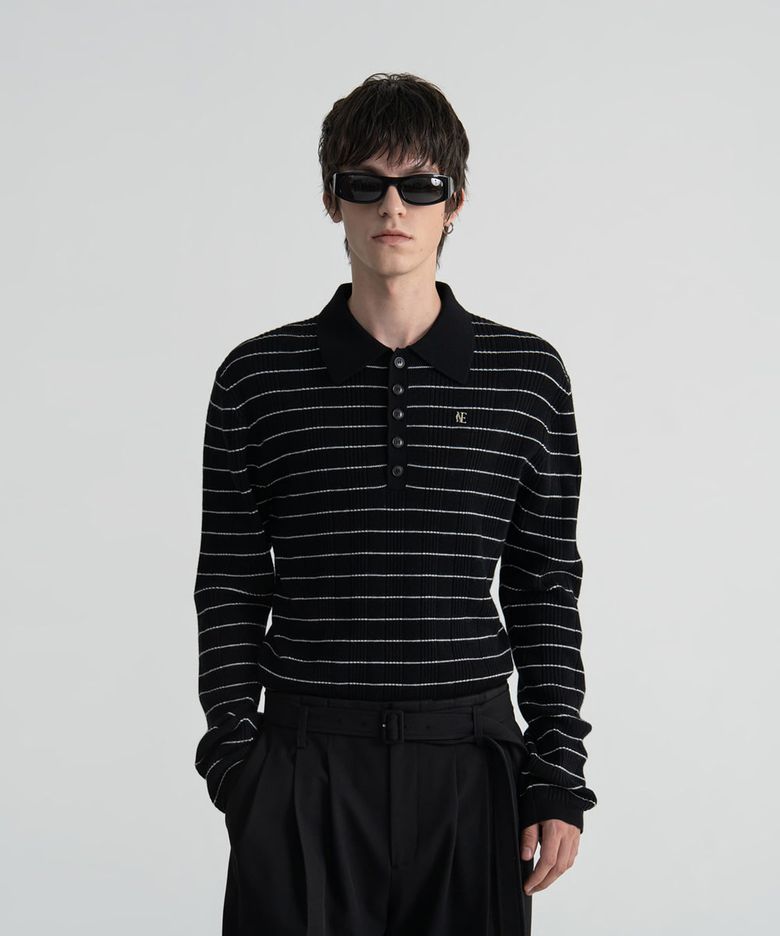 MERINO WOOL RIBBED KNIT POLO SHIRT - BLACK