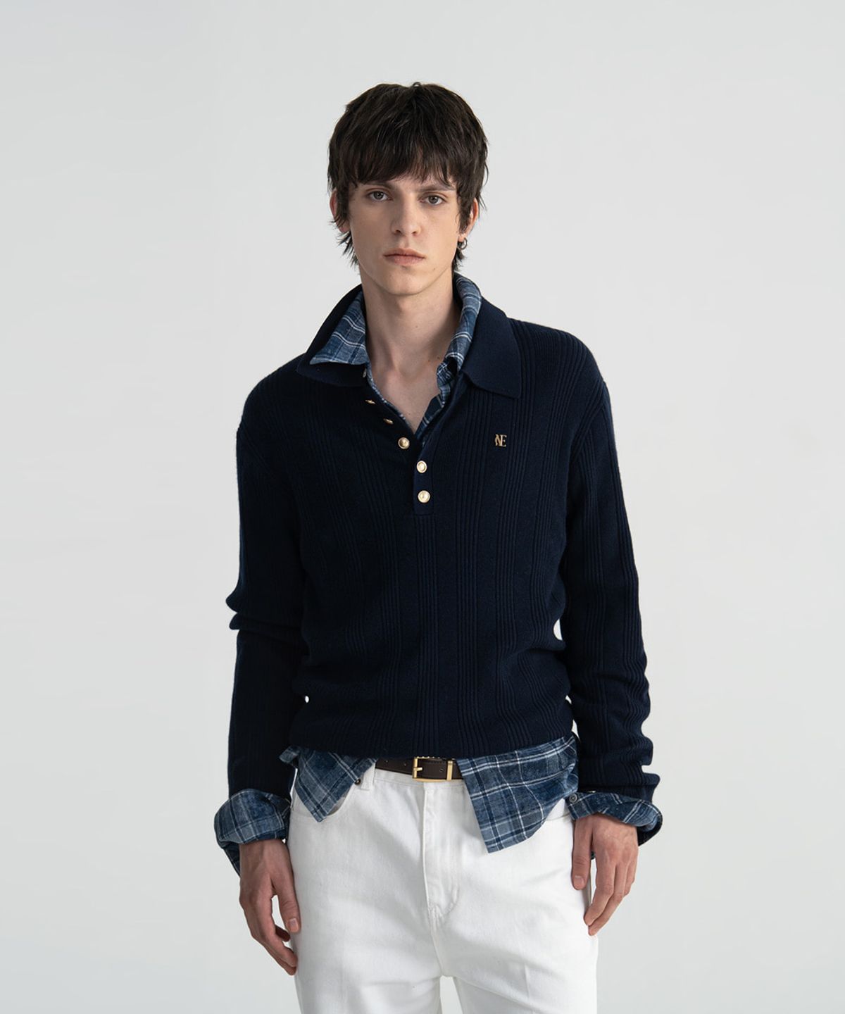 노이스(NOICE) MERINO WOOL RIBBED KNIT POLO SHIRT - DARK NAVY