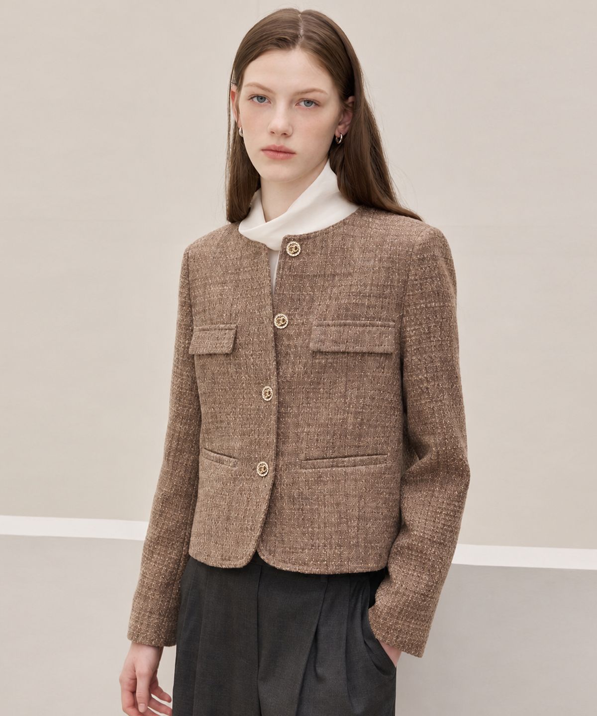 히이크(HYYK) Wool Blend Tweed Jacket_Mocah Beige