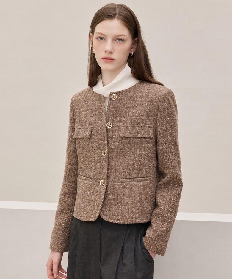 Wool Blend Tweed Jacket_Mocah Beige