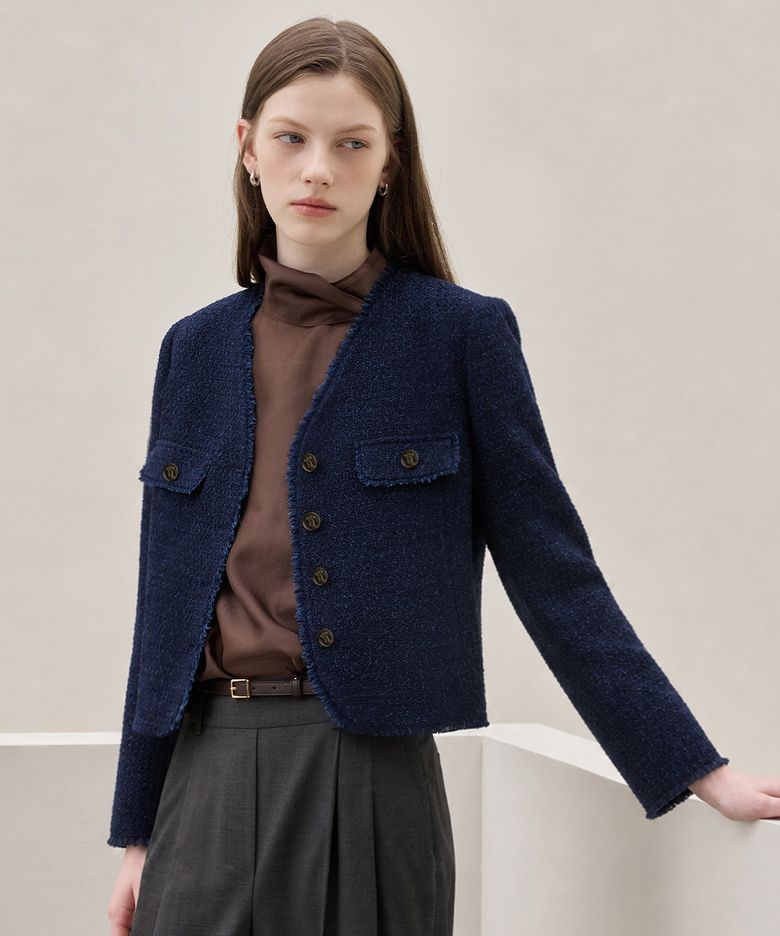 Fringe Trim Tweed Jacket_Melange Navy