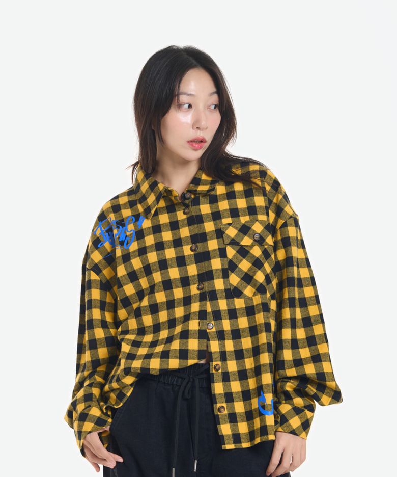체크 크롭 레터링 긴팔 셔츠