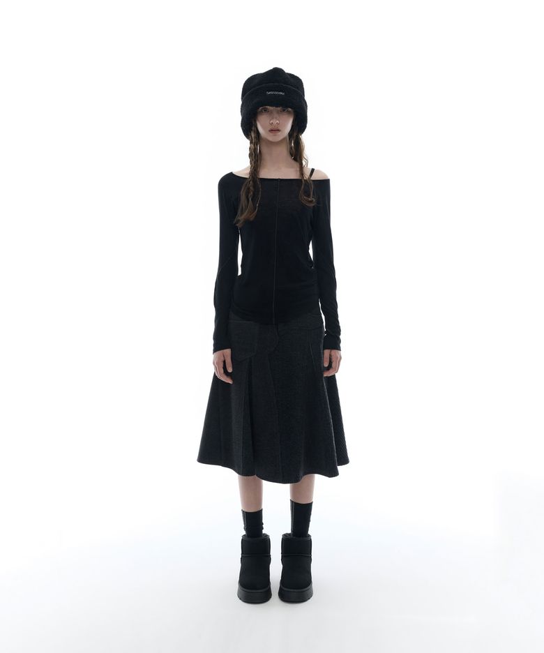Raw-Cut Knit Midi Skirt / Charcoal