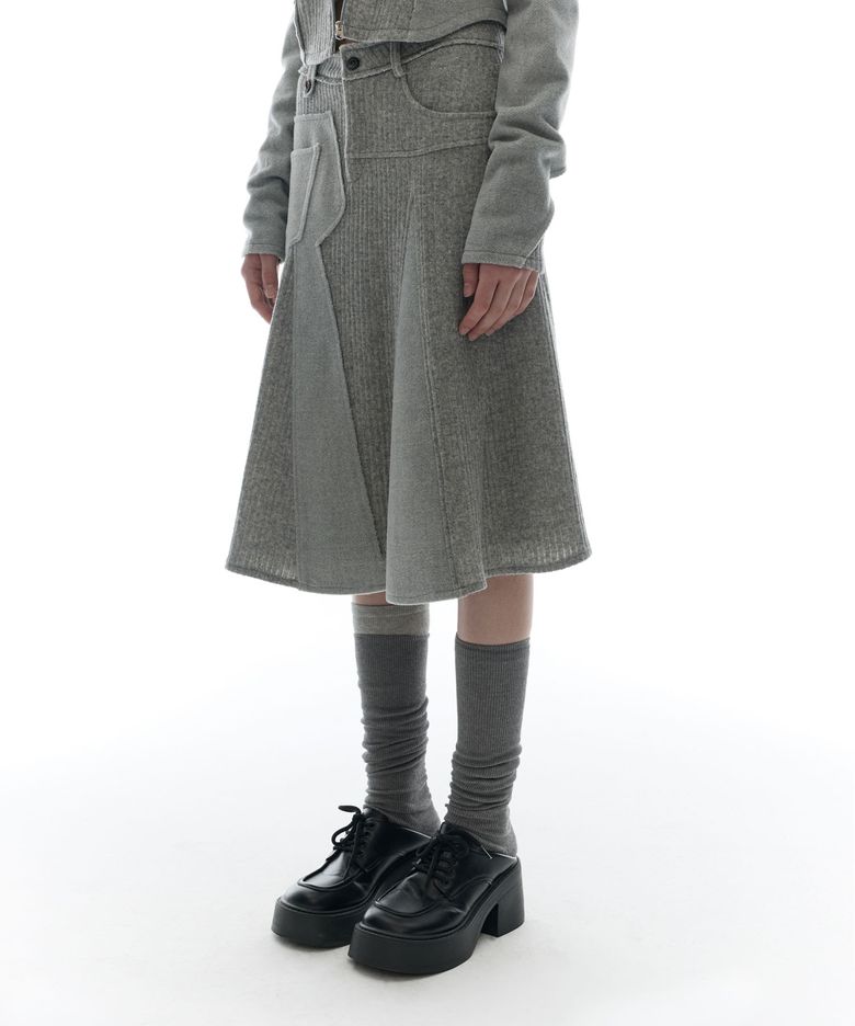 Raw-Cut Knit Midi Skirt / Grey
