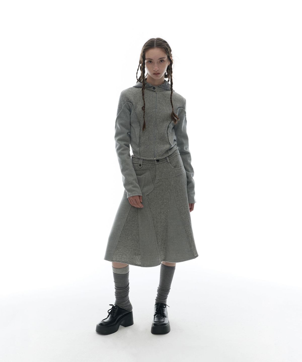 오호스(OJOS) Raw-Cut Cropped Knit Jacket / Grey
