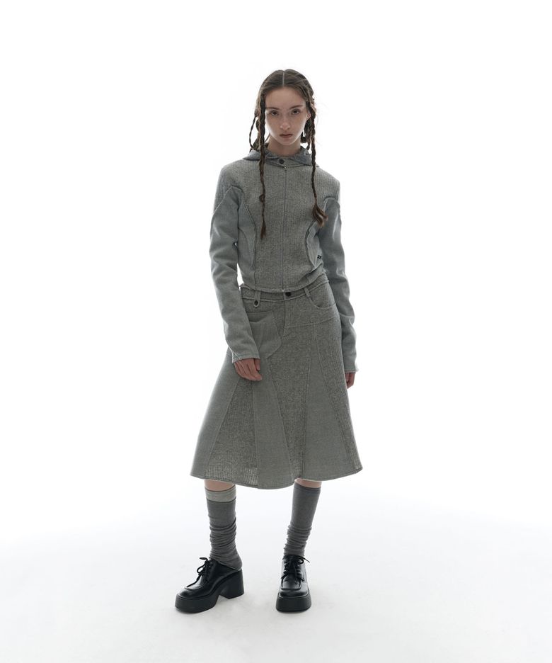 Raw-Cut Cropped Knit Jacket / Grey