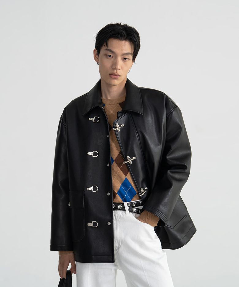 (UNI) FIREMAN FAUX LEATHER PADDED JACKET - BLACK