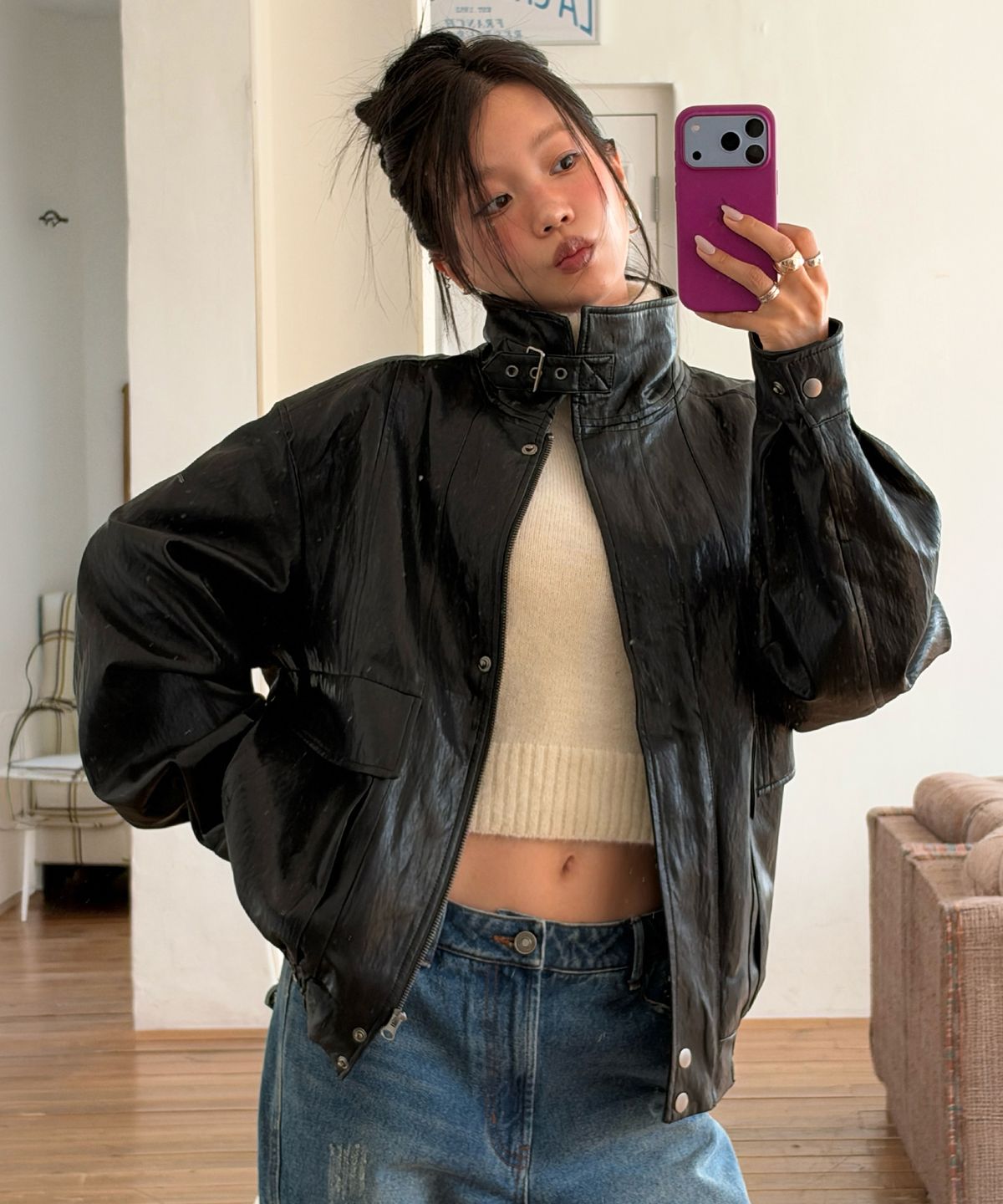 긴스키(GINSUKI) [긴스키 X 물바다]HIGH-NECK LEATHER BLOUSON JACKET (BLACK)